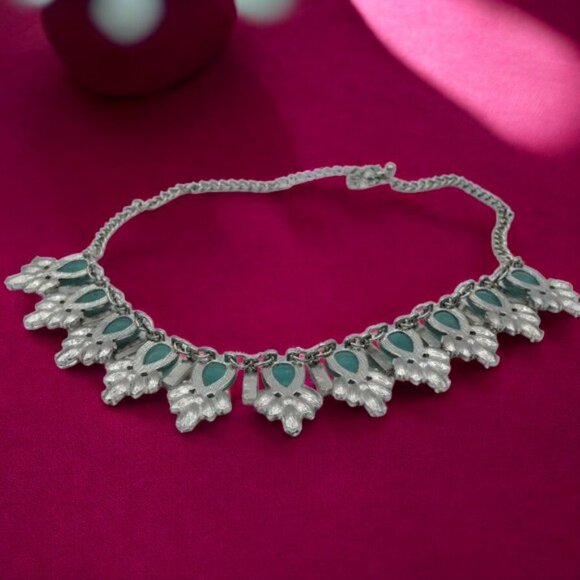 Vintage Turquoise Look & Rhinestone Statement Necklace - Picture 5 of 6